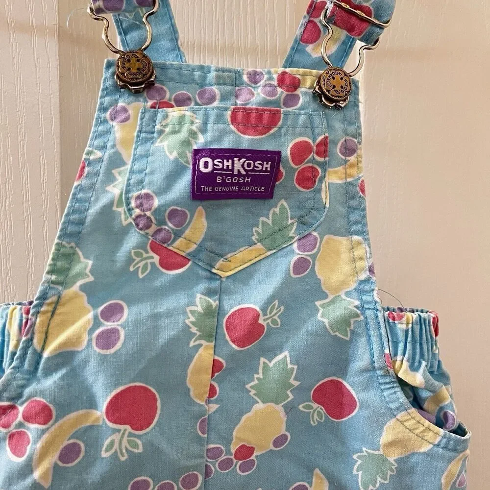 Vintage Oshkosh B'gosh Blue Fruit Shortalls Romper USA Girls Size 18 Months